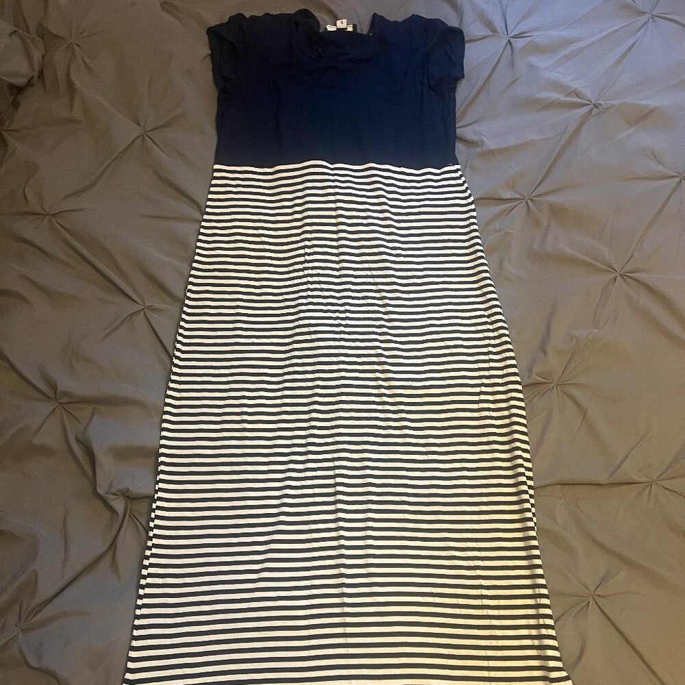 Newport News Long Navy & White Striped Short Sleeve Dress, Size Small